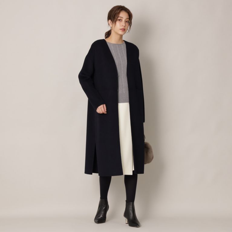 【EPOCA THE SHOP】 リバーノーカラーロングコート ネイビー1