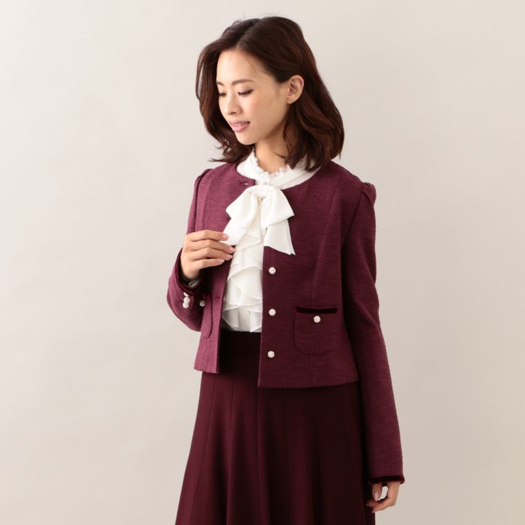 【TO BE CHIC】 スラブツイードノーカラージャケット ボルドー