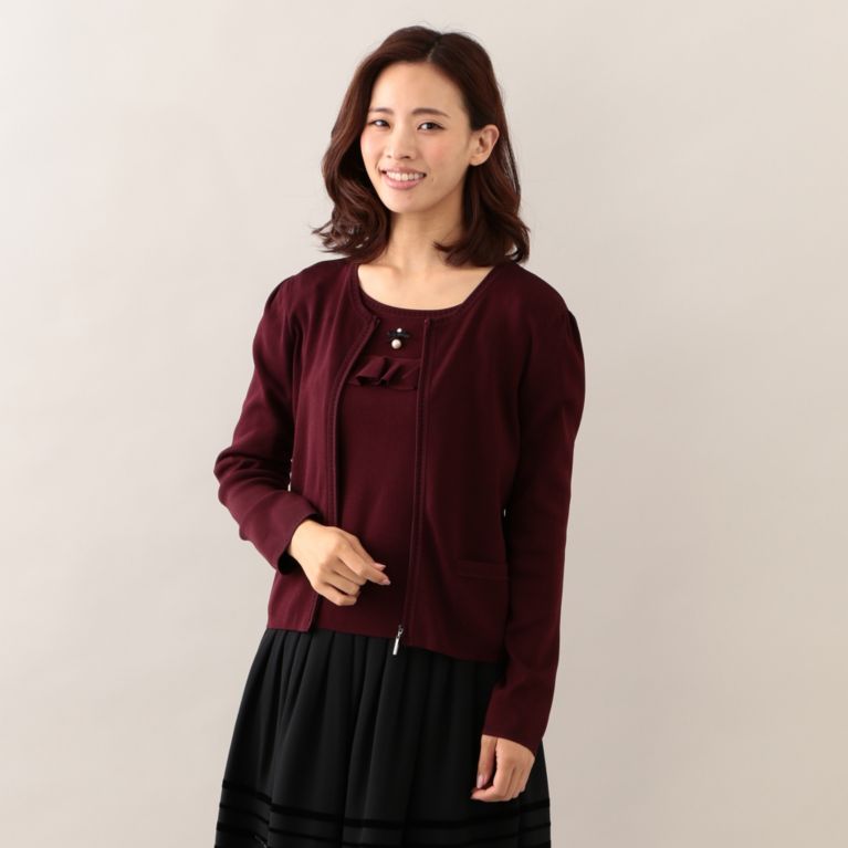 【TO BE CHIC】 ハイツイストレーヨンニットカーディガン ボルドー