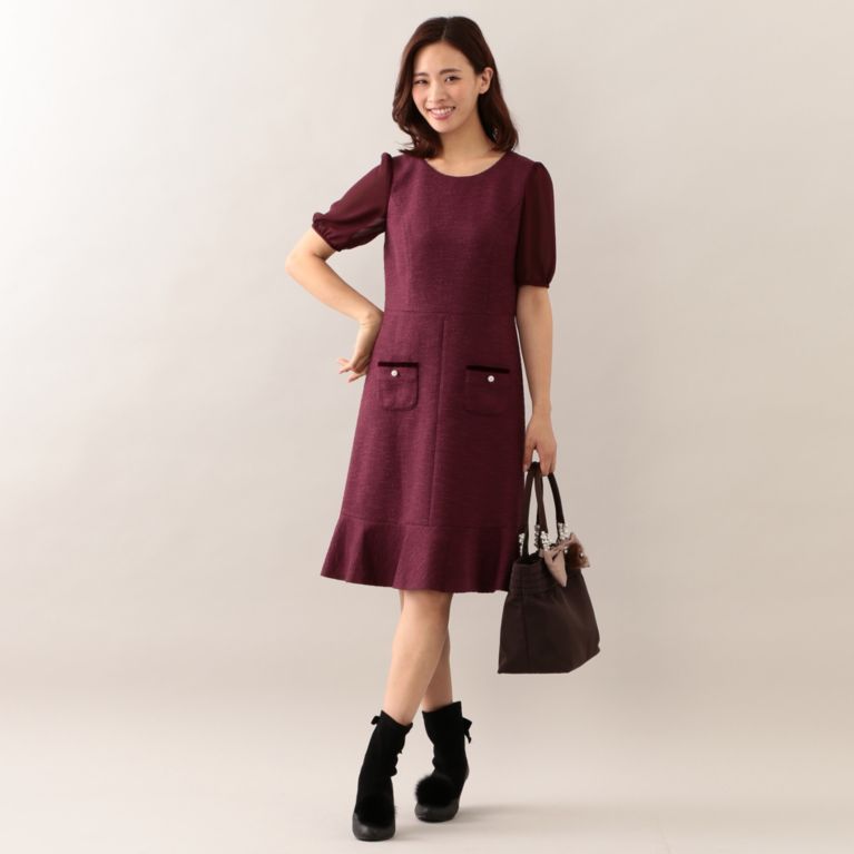 51%OFF！SALE＜三陽商会＞【トゥー ビー シック(TO BE CHIC)】スラブツイードドレス ボルドー 送料無料 ＆ 定価 63720円から 32400円値引！画像