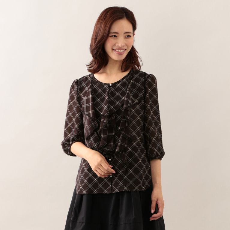 【TO BE CHIC】 バイアスチェックフリルブラウス ブラウン