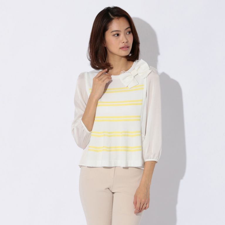 【TO BE CHIC】 コットンアセテートボーダーニット オフホワイト