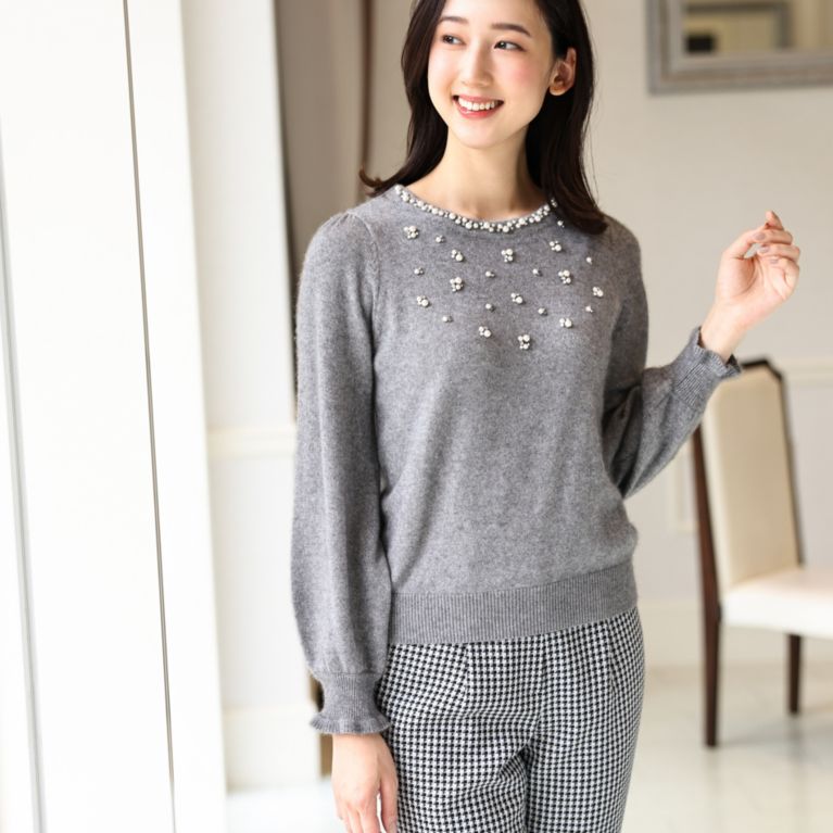【TO BE CHIC】 ハイゲージビジュー ニット グレー