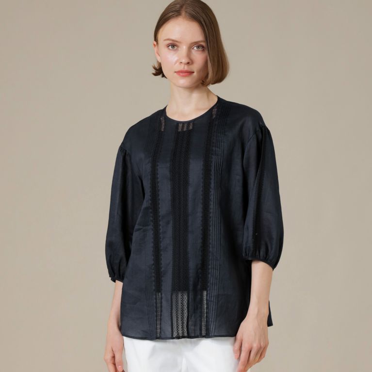 【MACKINTOSH LONDON WOMEN】 【L】麻ボイルレースブラウス ネイビー